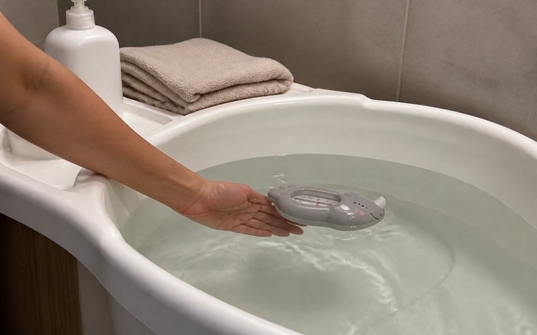 Badethermometer schwimmt in der Babywanne